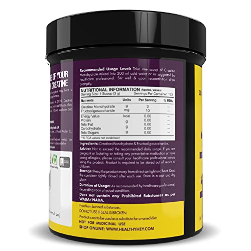 HealthyHey Sports Creatine Monohydrate for Muscle Building & Performance - 133 Servings (Unflavoured, 400g)