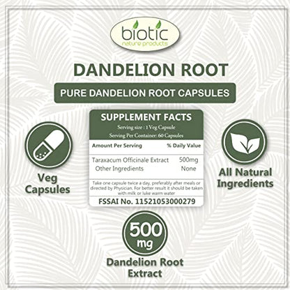 Biotic Natural Dandelion Root Capsules 500mg Extract - 60 Veg Capsules