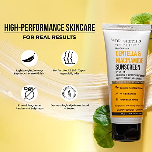 Dr. Sheth's Centella & Niacinamide Sunscreen Spf 50 Pa+++ For Oily & Acne-Prone Skin, Sweatproof, Wal, Protects Against Uva & Uvb Rays For Unisex, 50g