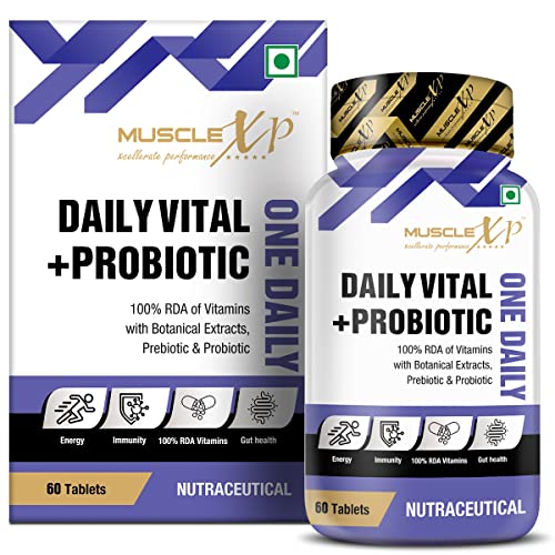 MuscleXP Daily Vital + Probiotic One Daily, 100% RDA Of Vitamins With Botanical Extracts, Prebiotic & Probiotic, 60 Tablets (Pack of 1)
