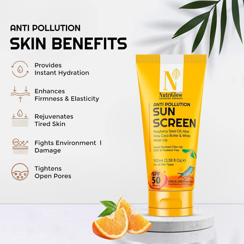 NutriGlow Advanced Organics Advanced Organics Anti Pollution Sunscreen With Alovera, Coco Butter/All Skin Types, 100 ml