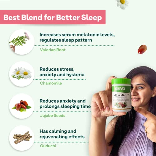 OZiva Mela.Mag+, Deep Sleep Tablets for a Healthy Sleep Cycle, Calming Effects and Holistic Wellbeing | With Valerian Root & Guduchi | 60 veg capsules