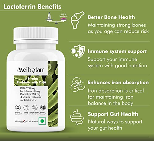 Meibotan 50 Billlion Probiotics with DHA & lactoferrin - Stimulates the immune system, Regulates iroent, Immunity Support- 60 Veg Capsules for all Age