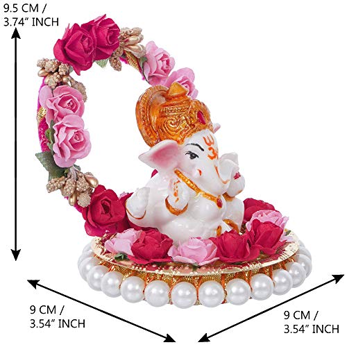 eCraftIndia Lord Ganesha Idol on Decorative Handcrafted Plate with Throne of Pink and Red Flowers