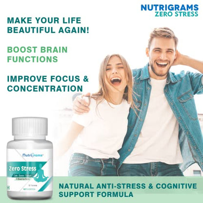 Nutrigrams Zero Stress, with Ashwagandha (7.5% Withanolides), Brahmi, Jatamansi & Tagar Extracts - 60 Tablets