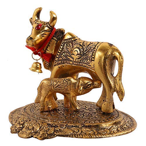 URBAN HAAT Prosper Kamdhenu Oxidised Gold Finished The Wish granting Cow and Calf Figurine Decorative Gift Item (Colour Gold) 12@11 cm