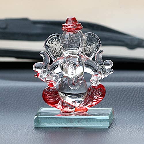 eCraftIndia Red and Transparent Double Sided Crystal Car Ganesha Showpiece