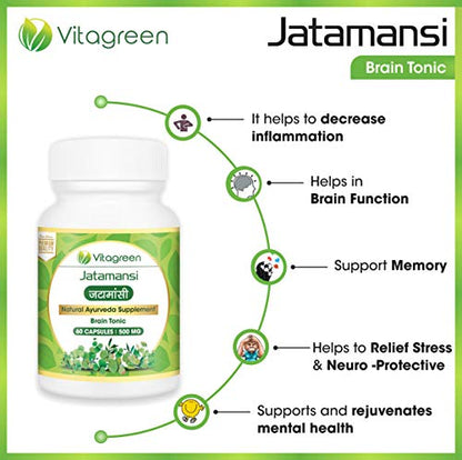 JATAMANSI 500 mg, For Natural Anti-Oxidants & Minerals, Pack Of 3 (180 Capsules)