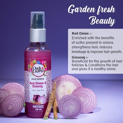 Buds & Berries Red Onion and Ginseng Anti-Hairfall Hair Serum | Reduces Split Ends and Conditions Ha | 100ml | No Paraben, No Silicone, No Mineral Oil