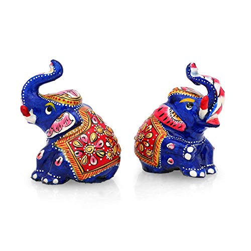 Collectible India Lucky Elephant Pair Figurines Trunk up, Metal Painted Meenakari Handpainted Animal Decor Statue