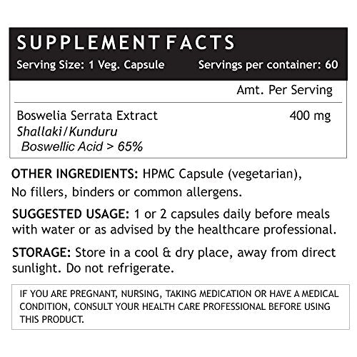 INLIFE Boswellia Serrata Extract (Boswellic Acids > 65%) Joint Supplement, 400 mg - 60 Vegetarian Capsules (Pack of 1)
