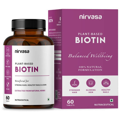 Nirvasa Biotin Tablets for Men & Women | Natural Supplement to Promote Healthier & Shinier Hair Grow Strength | 60 Veg Tablets | Pack of 1 (Pack of 1)