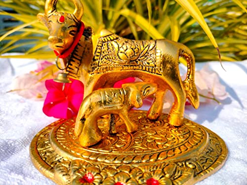 URBAN HAAT Prosper Kamdhenu Oxidised Gold Finished The Wish granting Cow and Calf Figurine Decorative Gift Item (Colour Gold) 12@11 cm