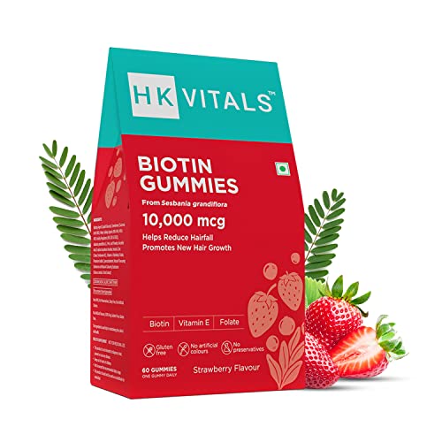 HK Vitals Biotin Hair Gummies, 10000 mcg Biotin from Sesbania Extract, with Zn, Vit C, A, E for Skin, Hair, Nails, Strawberry, 60 Gummies