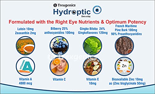 Trexgenics Hydroptic Advanced Dry Eyes & Eye Care with Lutein, Zeaxanthin, Bilberry, Gingko, Pine Bark, Vit A, C, Zinc (30 Vcaps)