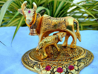 URBAN HAAT Prosper Kamdhenu Oxidised Gold Finished The Wish granting Cow and Calf Figurine Decorative Gift Item (Colour Gold) 12@11 cm