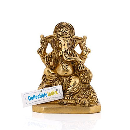 Collectible India Brass Lord Ganesh Idol, 4 Inches Height, Golden