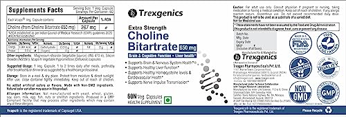 Trexgenics CHOLINE BITARTRATE 650 mg Cognitive Function, Fat Metabolism, Brain & Nervous System Healort VEGAN & NON-GMO (60 Veg. Capsules) (Pack of 2)