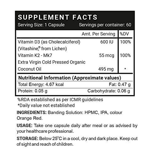 INLIFE Plant Based Vegan Vitamin D3 K2 Supplement with Extra Virgin Cold Pressed Coconut Oil for Bone Health & Immunity, 600 IU - 2x 60 Veg Caps