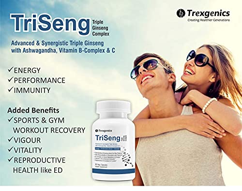 Trexgenics TriSeng Advanced Triple Ginseng B-Complex with Bioavailability enhancer Piperine & Vit.C for Energy & Immunity (60 Veg Capsules)