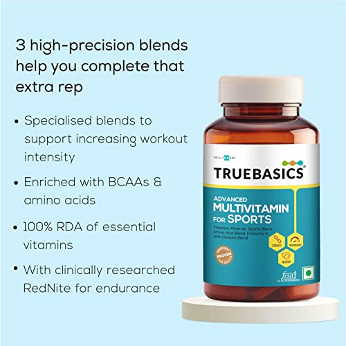 TrueBasics Advanced Multivitamin For Sports & Fitness, 30 Multivitamin Tablets, with Amino Acid, Enends, 24 Vitamins & Minerals, for Immunity & Energy