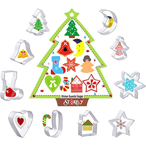 Stainless Steel Non-Stick Cookie Christmas Tree, Snowflake, Star, Heart, Classic Socks, Moon, House, Bell, Boot Cutters (5.5 x 5 x 1.6 cm) -10 Pcs