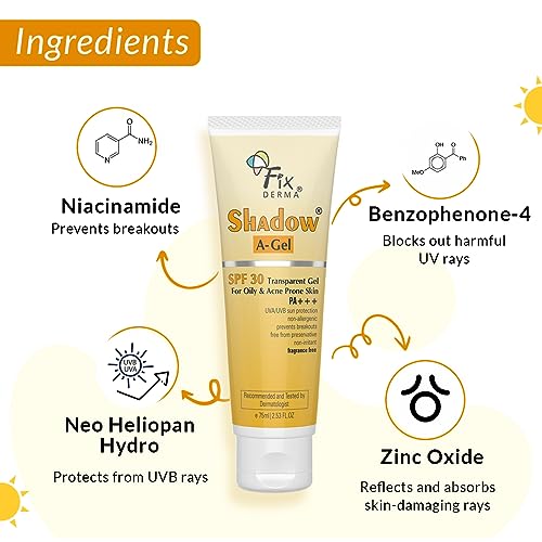 FIXDERMA Shadow Sunscreen A-Gel Spf 30, Moisturizer For Unisex Of Acne Prone Skin For Body & Face, Bectrum Uva & Uvb Protection, Transparent Gel, 75ml