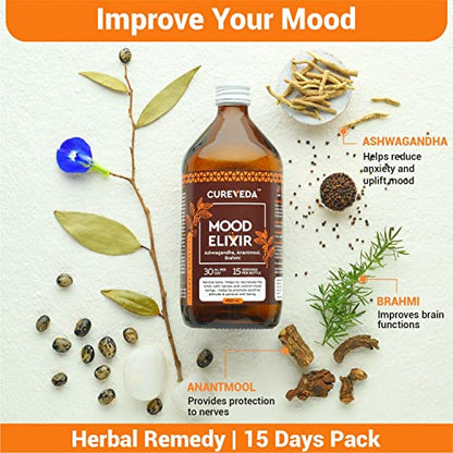 Cureveda Herbal Mood Elixir (Ashwagandha, Anantmool, Brahmi) Brain & Memory Health 450ml Syrup