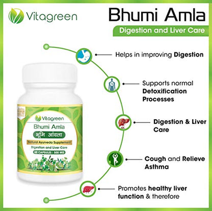 VitaGreen BHUMI AMLA Capsules For Liver Cleanse and Detox, Pure Ayurvedic, Natural, Herbal Supplement, 500 mg , 60 Capsules( Pack of 1 )