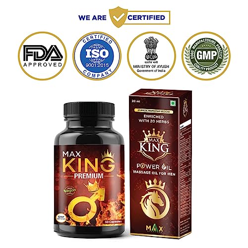 Max Ayurveda King Premium Capsules & King Power Herbal Ayurvedic Massage Oil for Men - Combo (60 Capsules + 1 Oil Bottle20 ml)