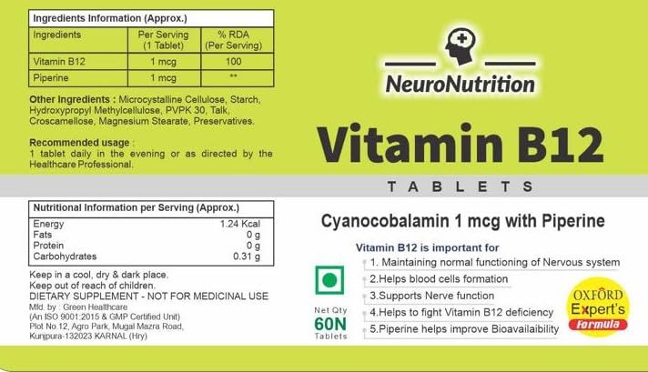 Neuronutrition Oxford Specialist Vitamin B12 (Methyl cobalamin) Plant Organic Supplement Forte Table metabolism,immunity brain heart cognitive Support