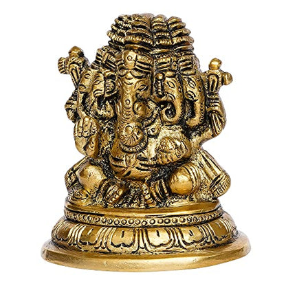 Handcrafted Golden Brass Panchmukhi Lord Ganesha Idol - Hindu God Idol for Home Decor, Puja Room - Ganesha Statue