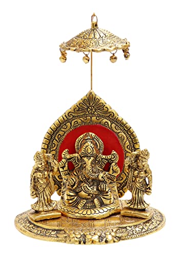 Nexplora Industries Pvt. Ltd. Metal Riddhi Siddhi Chatra Ganesh Idol, Height 18 cm, Gold Antique, 1 Piece