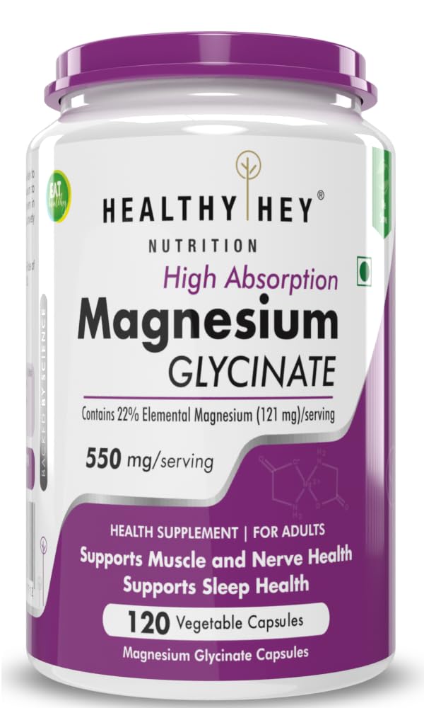HealthyHey Nutrition High Absorption Magnesium Glycinate, 550mg - 120 Vegetable Capsules (Pack of 1)