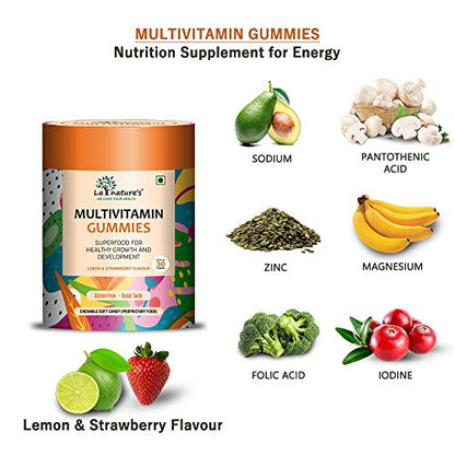 La Nature's Multivitamin Gummies with Essential Nutrients (Vitamin A, C, D, E, B12) for Kids- Lemon & Strawberry Flavour - 30 Gummy