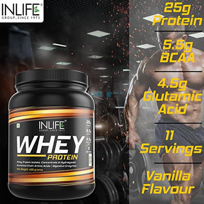 Inlife Whey Protein Powder With Isolate Concentrate Hydrolysate & Digestive Enzymes - 400 Grams (Vanilla)