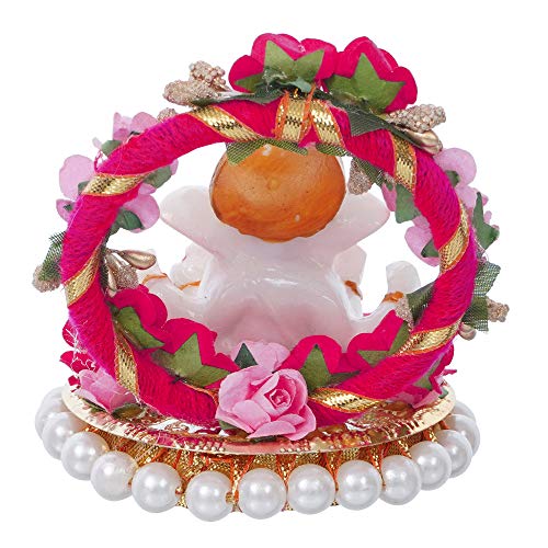 eCraftIndia Lord Ganesha Idol on Decorative Handcrafted Plate with Throne of Pink and Red Flowers