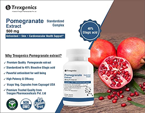 Trexgenics POMEGRANATE (Bioactive 40% Ellagic acid) Seed Extract 500 mg Antioxidant, Skin Care, Blordiovascular Health Support (60 Vcaps) (Pack of 2)