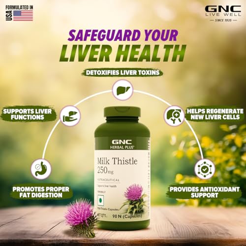 GNC Herbal Plus Milk Thistle | 90 Capsules | Removes Liver Toxins | Protects Liver Health | Detox Su Digestion | Formulated in USA | 250mg Per Serving