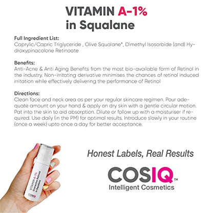 Cos-IQ 1% Vit A Granactive Retinoid in Squalane Face Serum | Only 4 Ingredients Vit-A Anti Ageing Retinol Night Serum | For Women & Men | 30ml