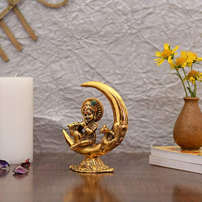 Collectible India Baby Krishna Idol Murti Statue for Home Puja Decor - Gold Plated Krishna Idols on Moon Showpiece Decorative Gifts Set (Set of 1)