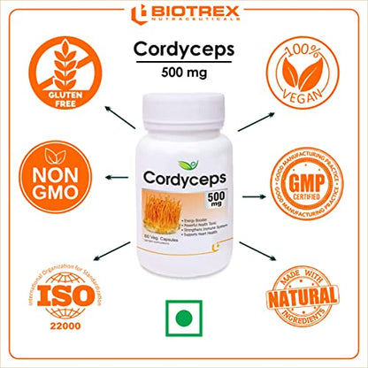 Biotrex Cordyceps 500mg - 60 Veg Capsule, Pack of 2, Dietary supplement to strengthen Immune System,amin for men, women and adults, health supplements