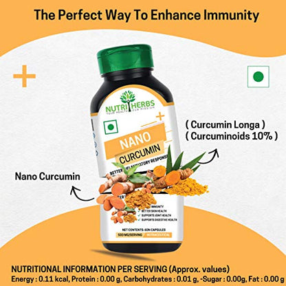 NUTRiHERBS Nano Curcumin plus 500mg 60 Capsules with Haldi (Turmeric) Extract Anti-Inflammatory, Support Joints, Immunity & Skin