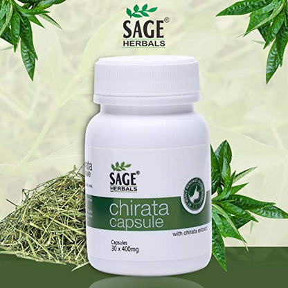 Sage Herbals Chirata for Blood Purification and Helps to Remove Pimples and Acne, 30 Capsules