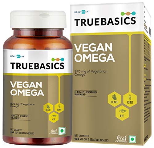 TrueBasics Vegan Omega, 870mg of Vegetarian Omega Fatty Acids, Nutrition Supplement for Heart, Hair,th, Clinically Researched - 90 Vegetarian Softgels