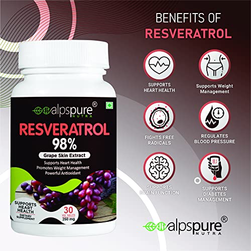 Alpspure Nutra Resveratrol 98% (Grape Skin Extract), 30 Tablets |Supports Heart Health and Weight Ma Anti-ageing & Anti-inflammatory | For Men & Women