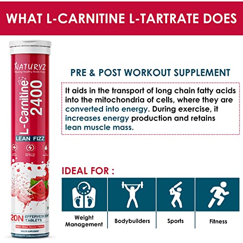 Naturyz L-Carnitine L Tartrate 2400 mg Converts fat into Energy | Energy & Endurance | Performance & Effervescent Tablets (Water Melon Masala Flavour)