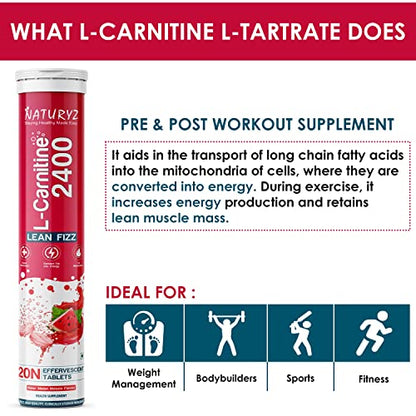 Naturyz L-Carnitine L Tartrate 2400 mg Converts fat into Energy | Energy & Endurance | Performance & Effervescent Tablets (Water Melon Masala Flavour)