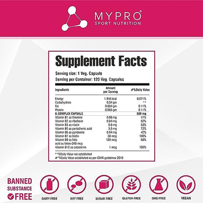 Mypro Sport Nutrition Vitamin B Complex, High Potency Formula Vitamins Heart Health-Nervous System Slism-Vegan,Gluten-Free-120 Capsule For Men & Women