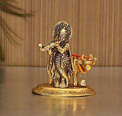 Collectible India Lord Cow Krishna Idol Statue murti Krishan with Kamdhenu Hindu God Religious Showpiece (Set of 1)